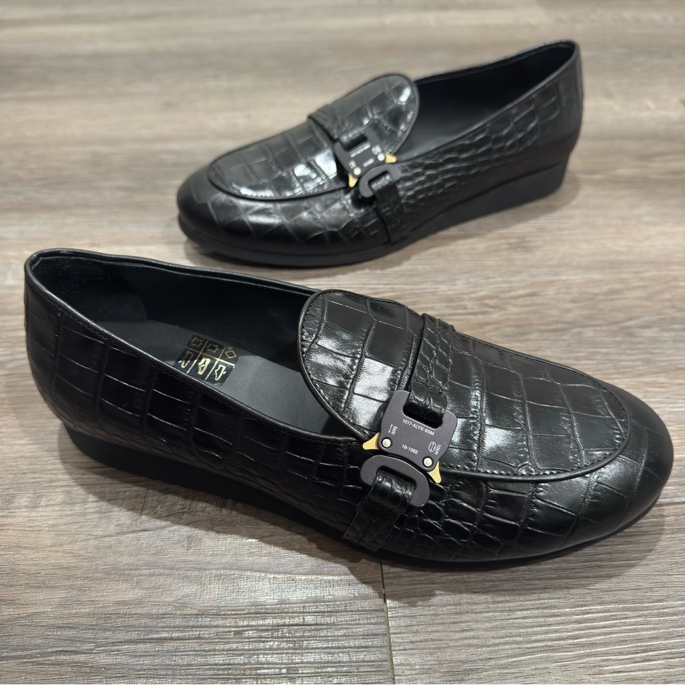 1017 ALYX 9SM St Marks Buckle Black Croc Embossed Leather Loafers